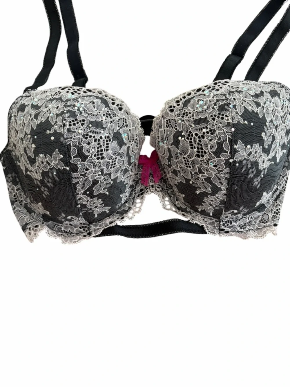 Victoria's Secret Black Bra with Ivory Lace Overlay 32DD - Picture 2 of 6